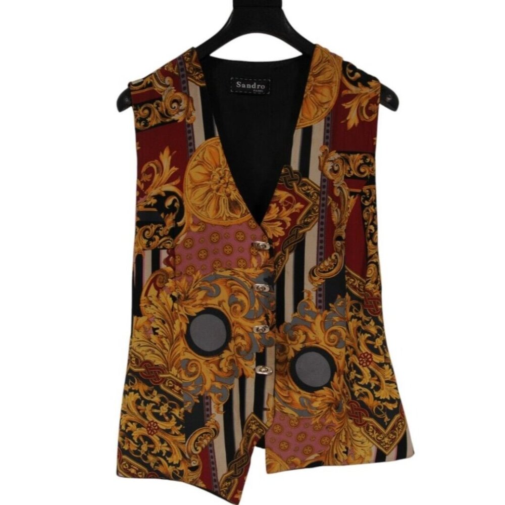 Sandro Mens Vintage Baroque Vest Size Medium Gold Black Silk Snap Button